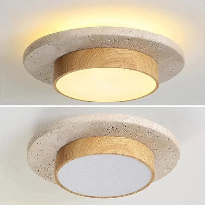 Plafonnier rond en pierre et bois noyer LED 28W style Wabi Sabi pour intérieur