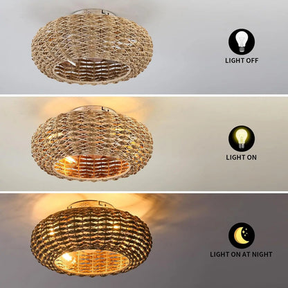 Plafonnier ventilateur silencieux en bambou avec lumière LED et télécommande, design moderne