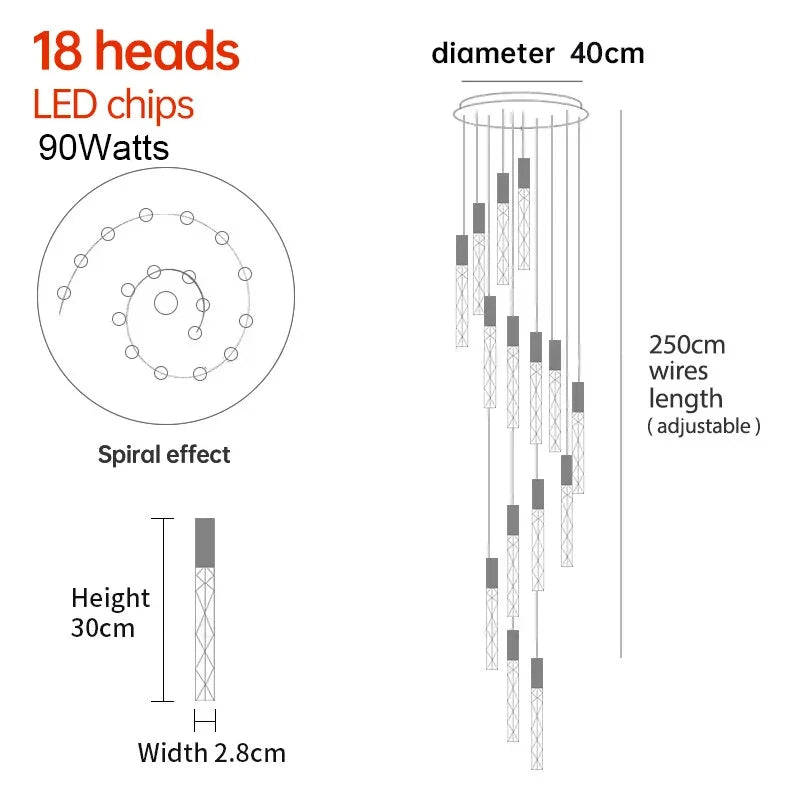 Suspension LED moderne spirale en cristal pour salon et duplex