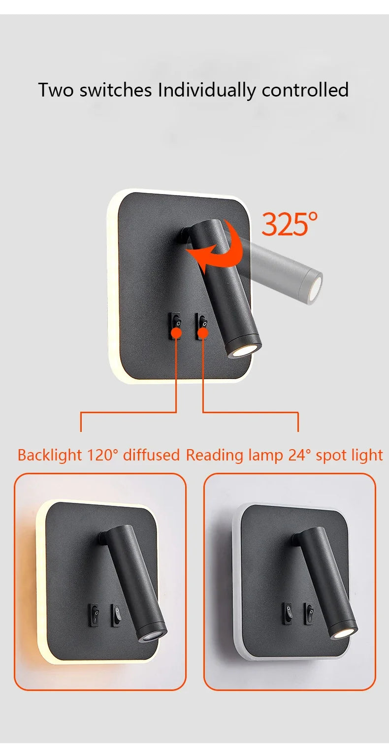 Applique Murale LED Minimaliste Moderne en Aluminium avec Charge USB et Lumière Chaude