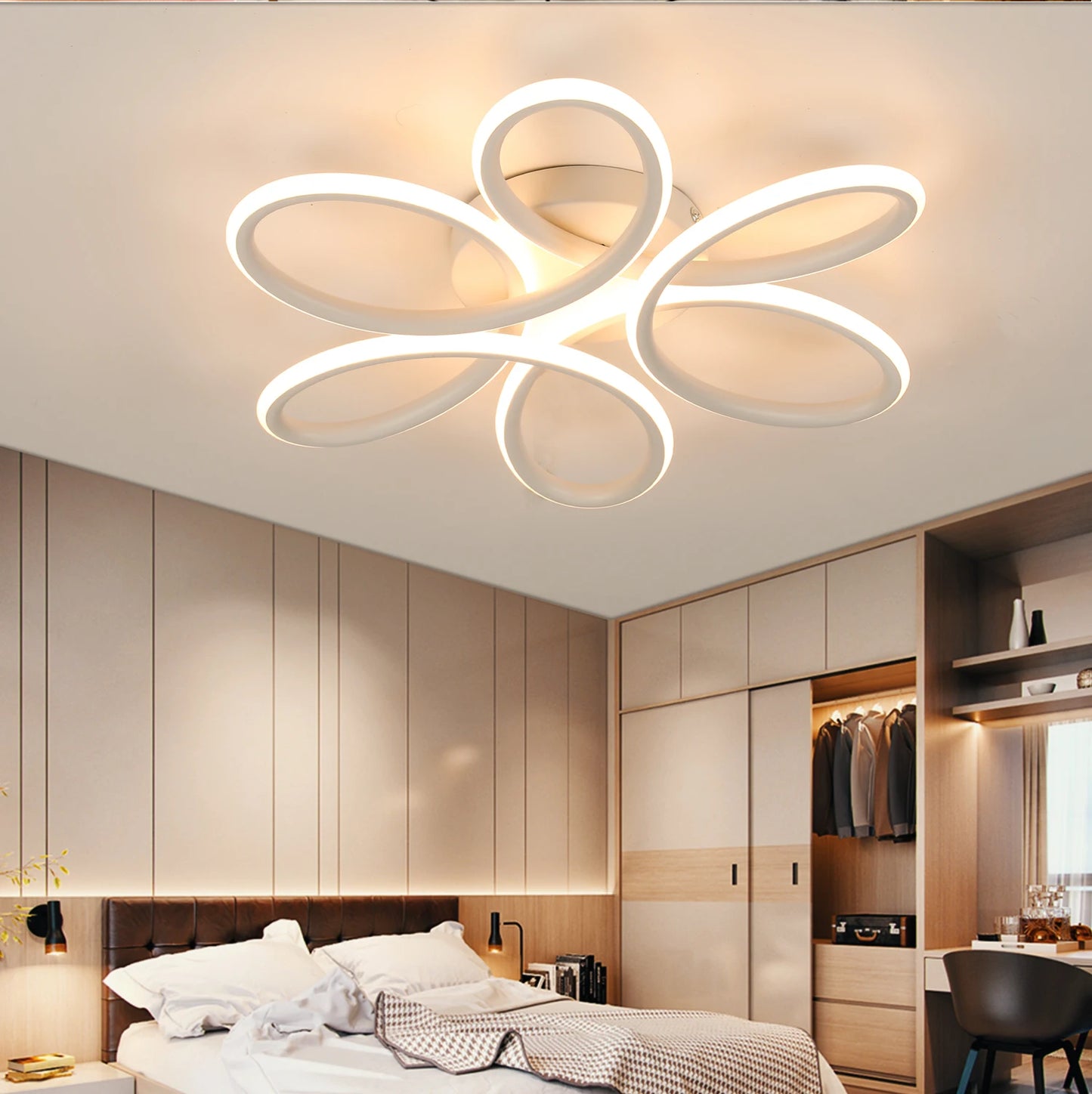 Plafonnier LED 60W design floral en métal, lumière blanc chaud 3000K, 43 cm, ambiance cosy