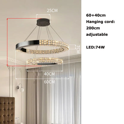 Lustre suspendu K9 cristal noir LED dimmable en acier inoxydable pour salon
