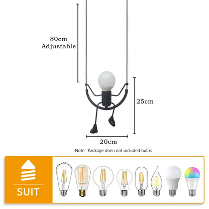 Suspension lustre moderne assis petit homme noir E27 pour chambre enfant