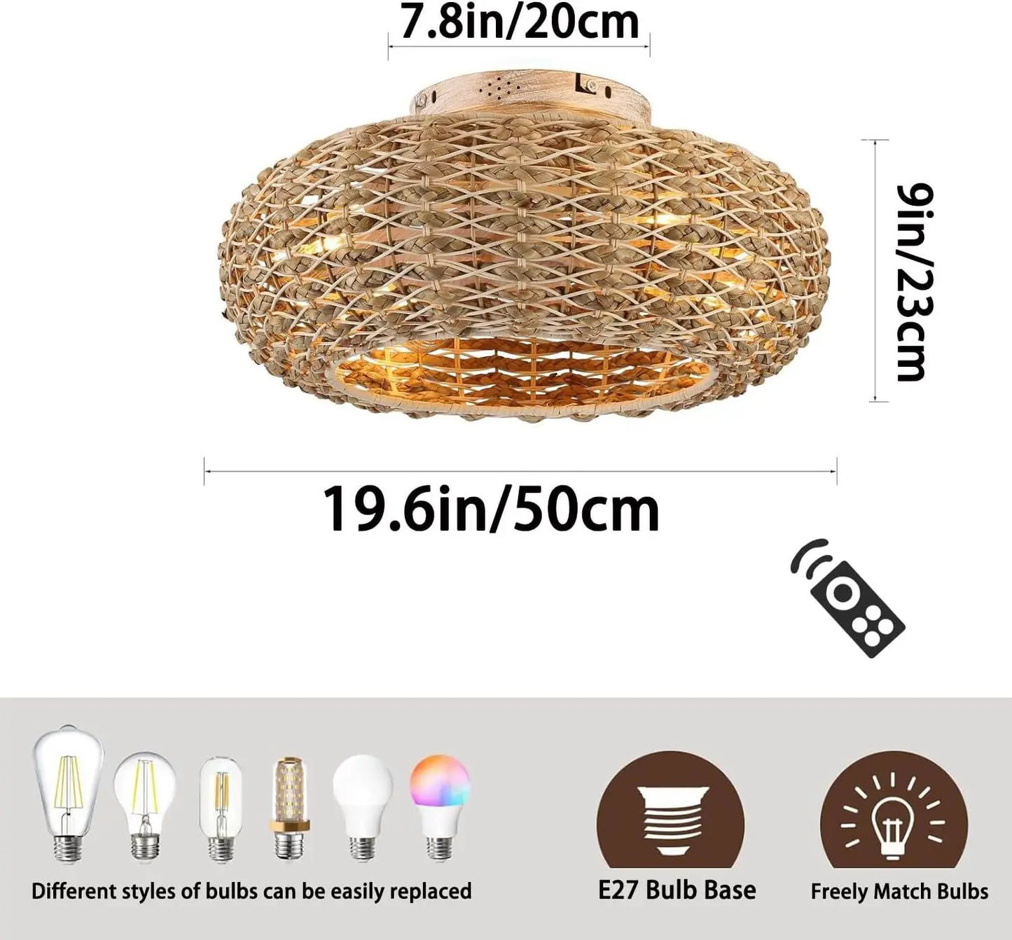 Plafonnier ventilateur silencieux en bambou avec lumière LED et télécommande, design moderne