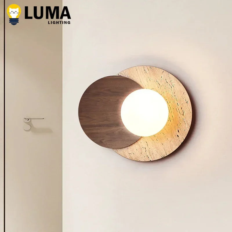 Applique Murale Japonaise en Travertin Jaune et Bois Massif, Lumière Chaude Cosy