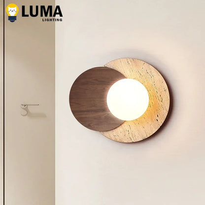 Applique Murale Japonaise en Travertin Jaune et Bois Massif, Lumière Chaude Cosy