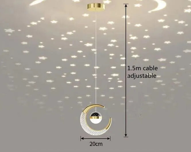 Plafonnier LED moderne étoiles et lune en métal noir et or, ambiance cosy