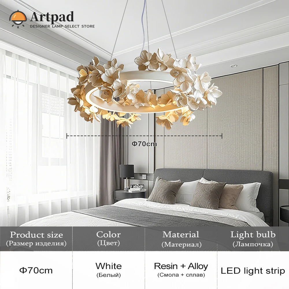 Suspension ronde florale en résine blanche crème à double couche pour salon et cuisine