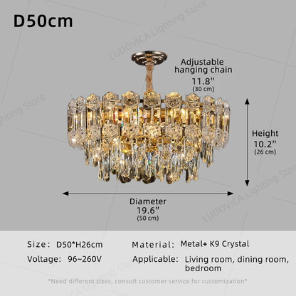 Suspension lustre LED cristal design moderne pour salle à manger haut plafond