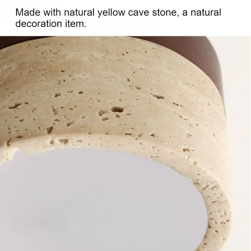 Plafonnier LED design Japonais en pierre travertin jaune et bois naturel, ambiance chaleureuse