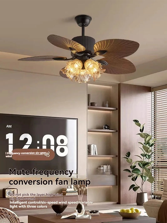 Plafonnier ventilateur rétro américain en feuille de bananier LED dimmable à fréquence variable