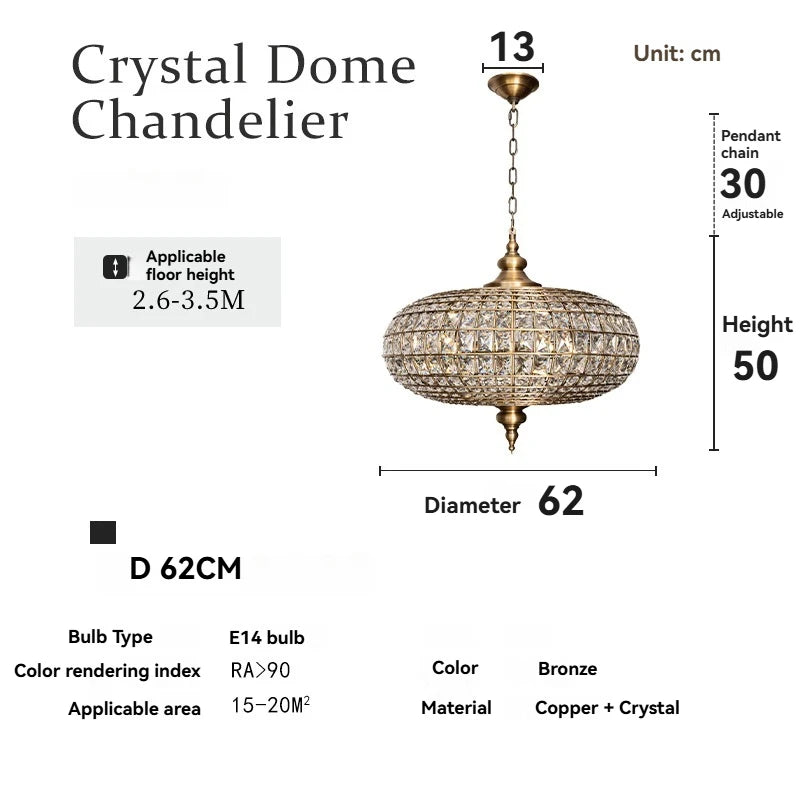 Suspension vintage en cristal et cuivre poli, éclairage LED chaleureux pour salon et hôtel