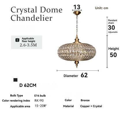 Suspension vintage en cristal et cuivre poli, éclairage LED chaleureux pour salon et hôtel