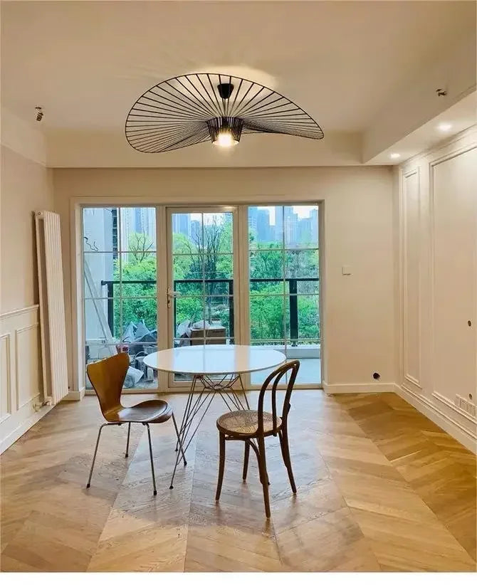 Suspension chapeau de paille Vertigo en tissu français, style nordique, lumière LED chaleureuse