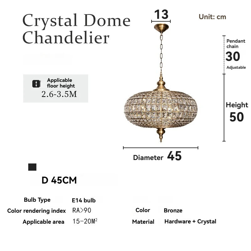 Suspension vintage en cristal et cuivre poli, éclairage LED chaleureux pour salon et hôtel