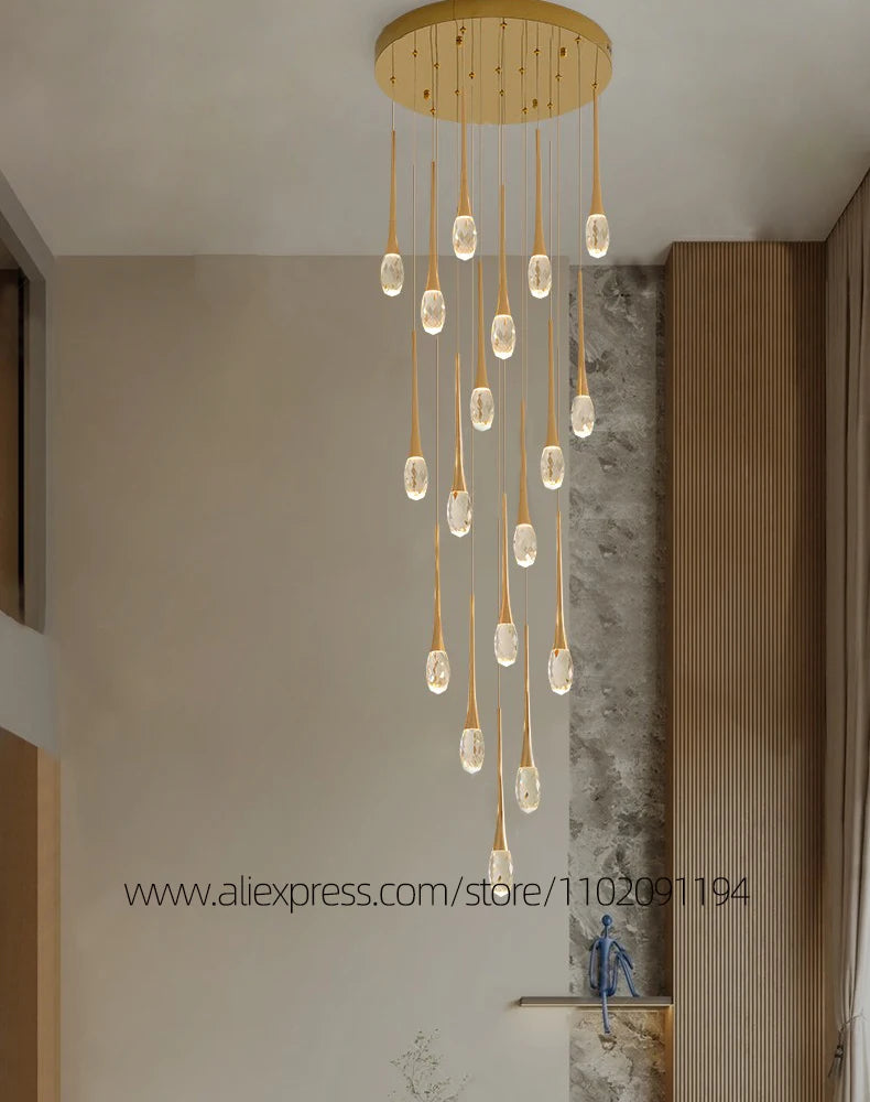 Suspension LED Moderne en Aluminium et Cristal, Lumière Chaude Dimable pour Salon et Escalier
