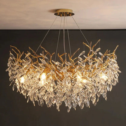 Suspension lustre LED cristal doré design moderne pour intérieur villa