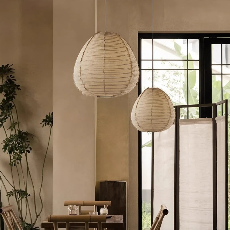 Suspension japonaise Wabi Sabi en tissu tricoté main, lumière chaleureuse