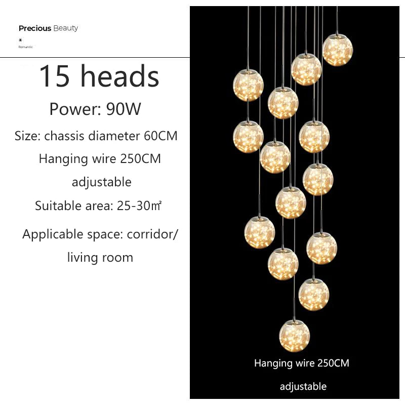 Suspension LED moderne boule de verre pour escalier et salon, lumière chaude dimmable