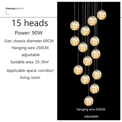 Suspension LED moderne boule de verre pour escalier et salon, lumière chaude dimmable