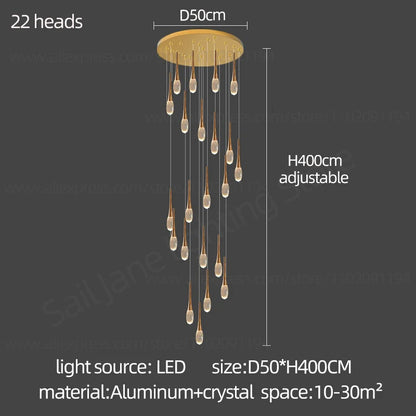 Suspension LED Moderne en Aluminium et Cristal, Lumière Chaude Dimable pour Salon et Escalier