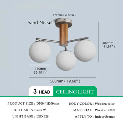 Suspension en bois de noyer japonais et verre dépoli ronde Wabi-sabi