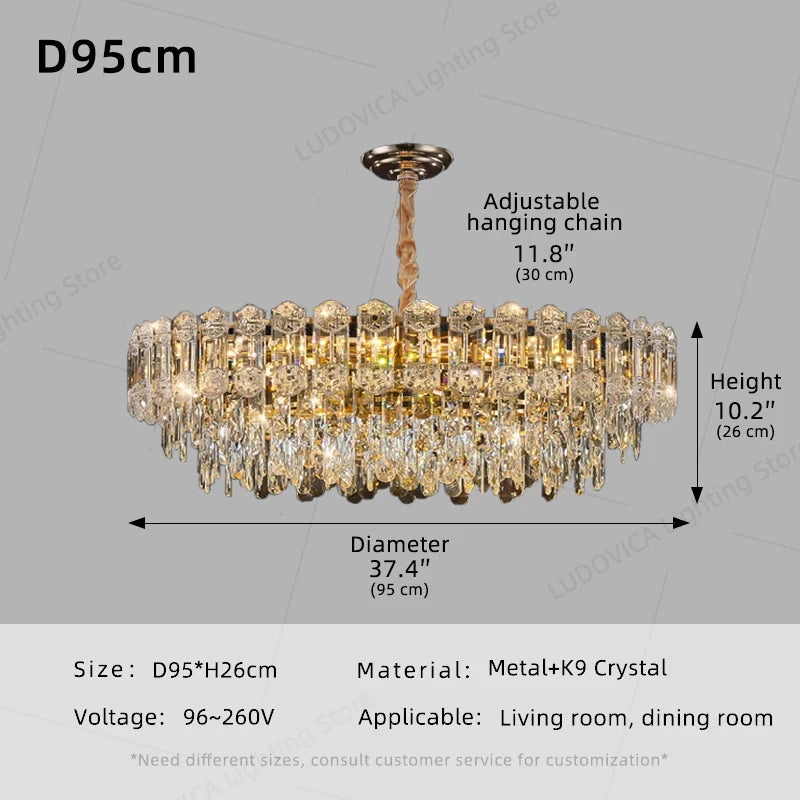 Suspension lustre LED cristal design moderne pour salle à manger haut plafond