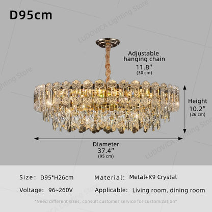 Suspension lustre LED cristal design moderne pour salle à manger haut plafond