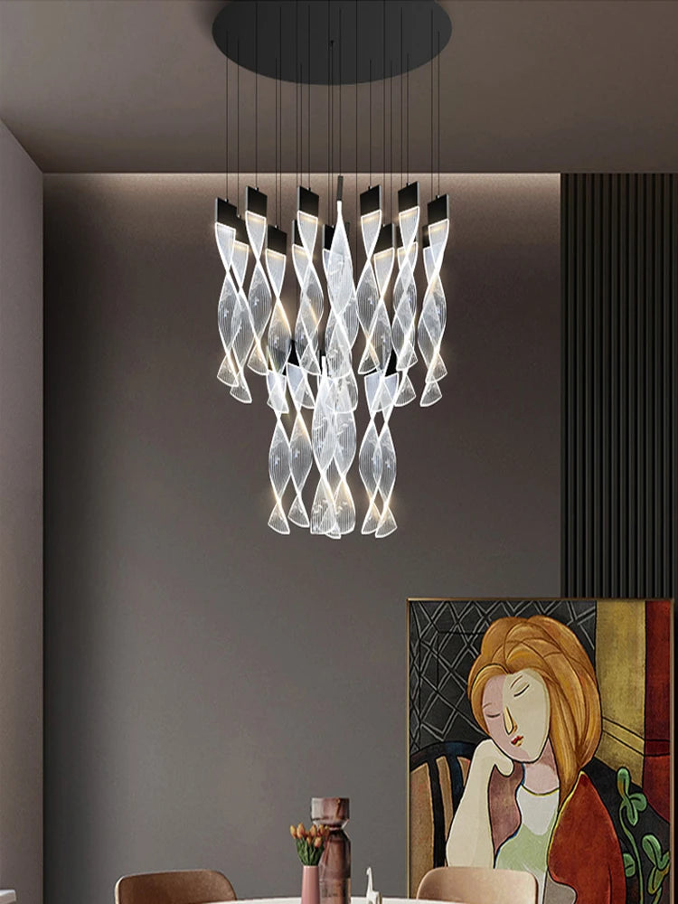 Lustre Spirale Duplex LED en cristal noir et or, design moderne, lumière blanche chaude