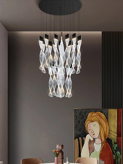 Lustre Spirale Duplex LED en cristal noir et or, design moderne, lumière blanche chaude