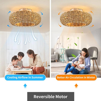 Plafonnier ventilateur silencieux en bambou avec lumière LED et télécommande, design moderne