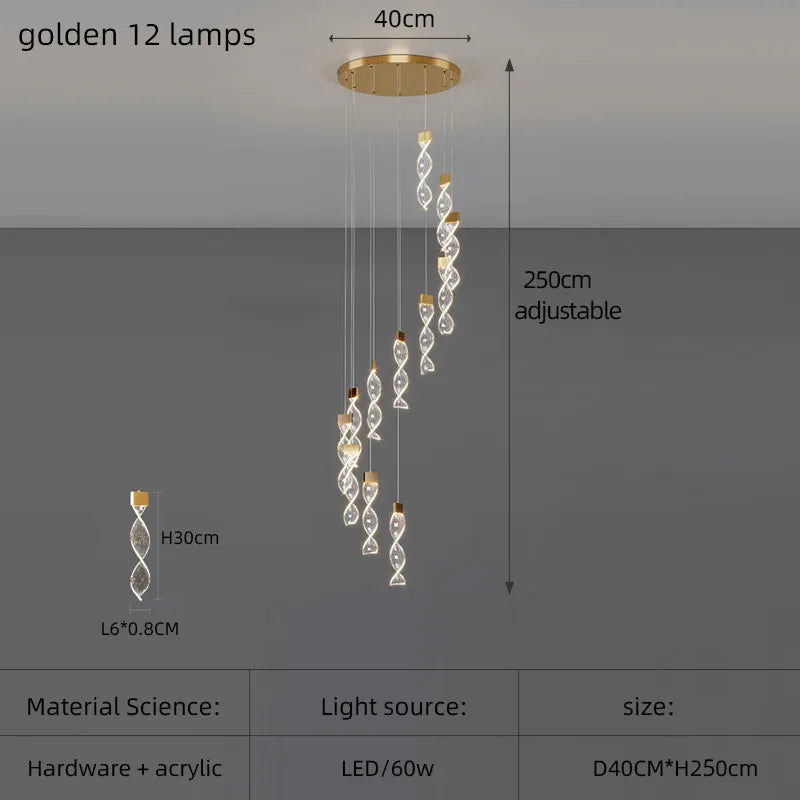 Lustre Spirale Duplex LED en cristal noir et or, design moderne, lumière blanche chaude