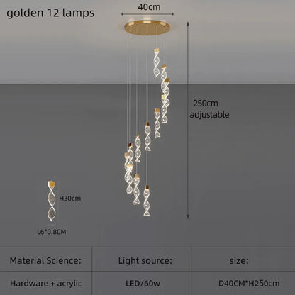 Lustre Spirale Duplex LED en cristal noir et or, design moderne, lumière blanche chaude