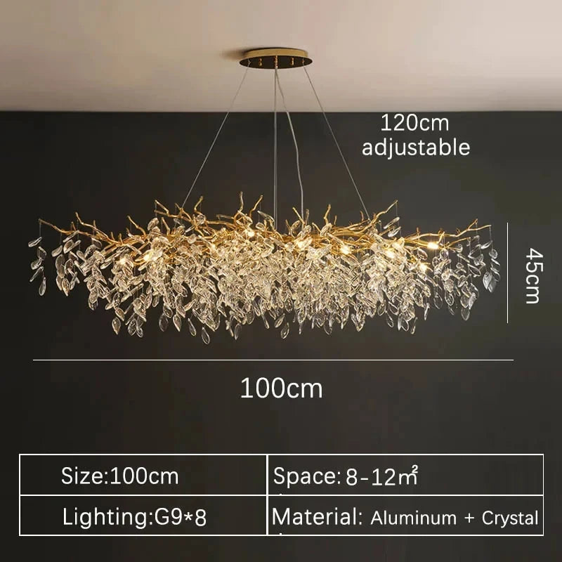 Suspension lustre LED cristal doré design moderne pour intérieur villa