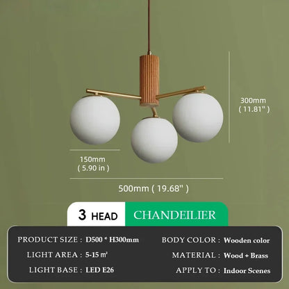 Suspension en bois de noyer japonais et verre dépoli ronde Wabi-sabi