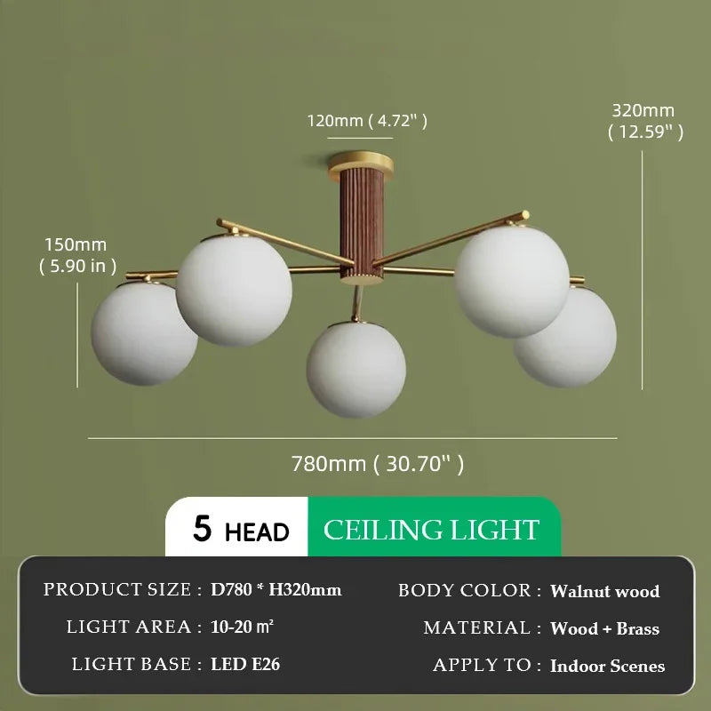 Suspension en bois de noyer japonais et verre dépoli ronde Wabi-sabi