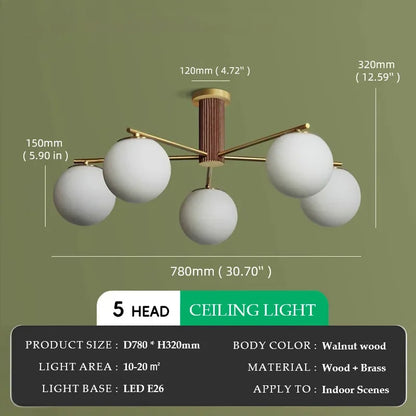 Suspension en bois de noyer japonais et verre dépoli ronde Wabi-sabi