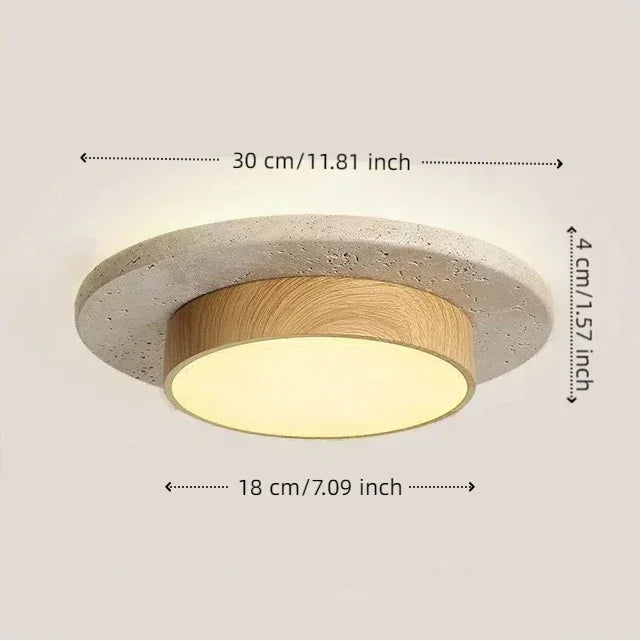 Plafonnier rond en pierre et bois Wabi Sabi, style nordique vintage, lumière chaude pour intérieur