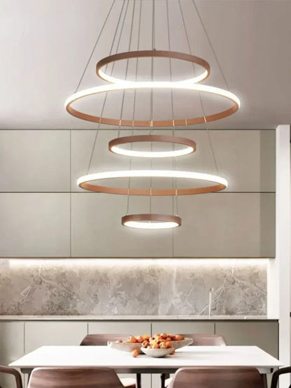 Lustre moderne 7 anneaux circulaires LED en alliage d’aluminium pour salon et salle à manger