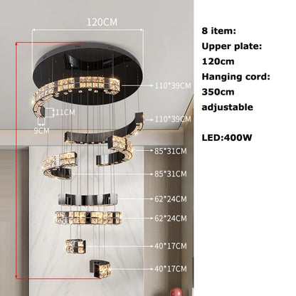 Lustre suspendu K9 cristal noir LED dimmable en acier inoxydable pour salon