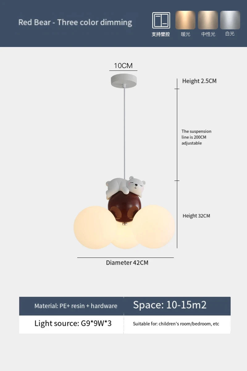 Suspension lustre ours dessin animé en métal, lumière douce pour chambre d’enfant