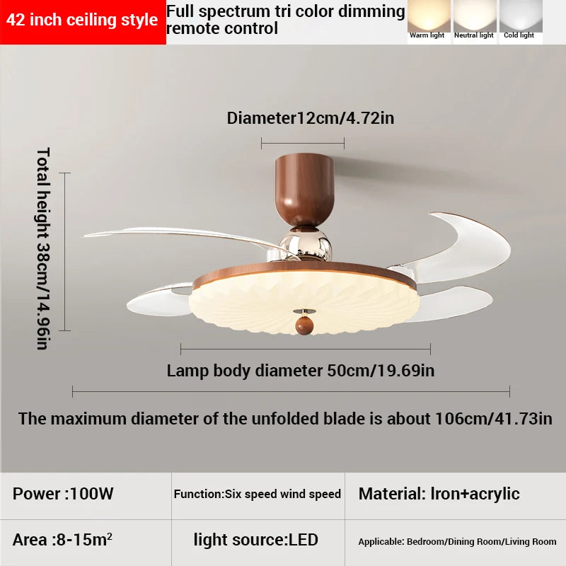Plafonnier ventilateur rétro noyer 42" silencieux et rétractable avec télécommande