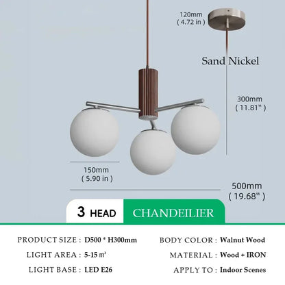 Suspension en bois de noyer japonais et verre dépoli ronde Wabi-sabi