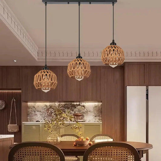 Suspension vintage industrielle à 3 têtes en corde de chanvre tissée