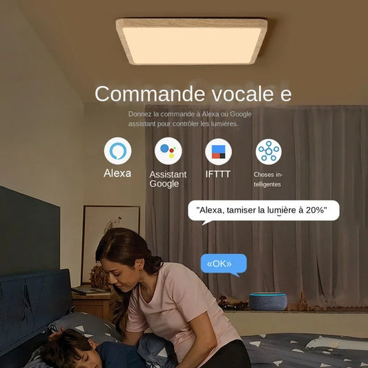 Plafonnier LED intelligent MARPOU carré grain de bois, commande vocale Alexa/Google, télécommande, ambiance modulable