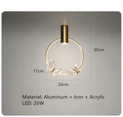 Plafonnier LED Anneau Métal Doré, Design Nordique avec Papillon Acrylique, Éclairage Salon et Chambre