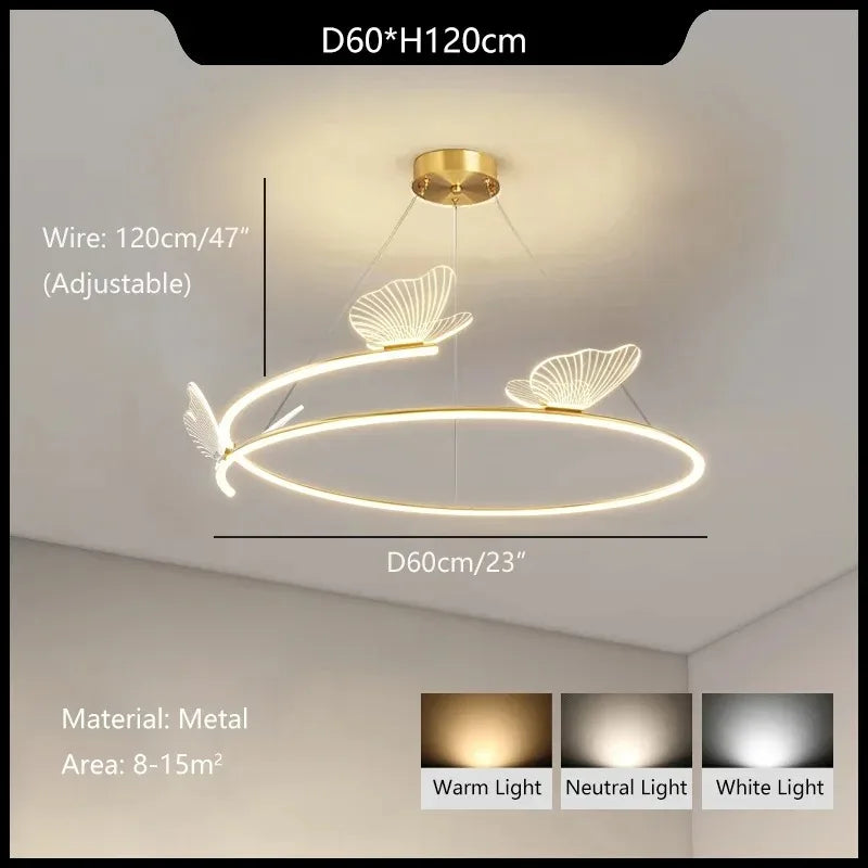 Plafonnier LED Anneau Métal Doré, Design Nordique avec Papillon Acrylique, Éclairage Salon et Chambre