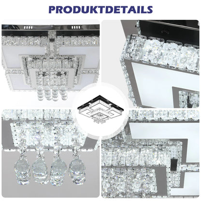 Plafonnier LED carré en cristal 50W avec télécommande et gradation réglable pour salon et chambre