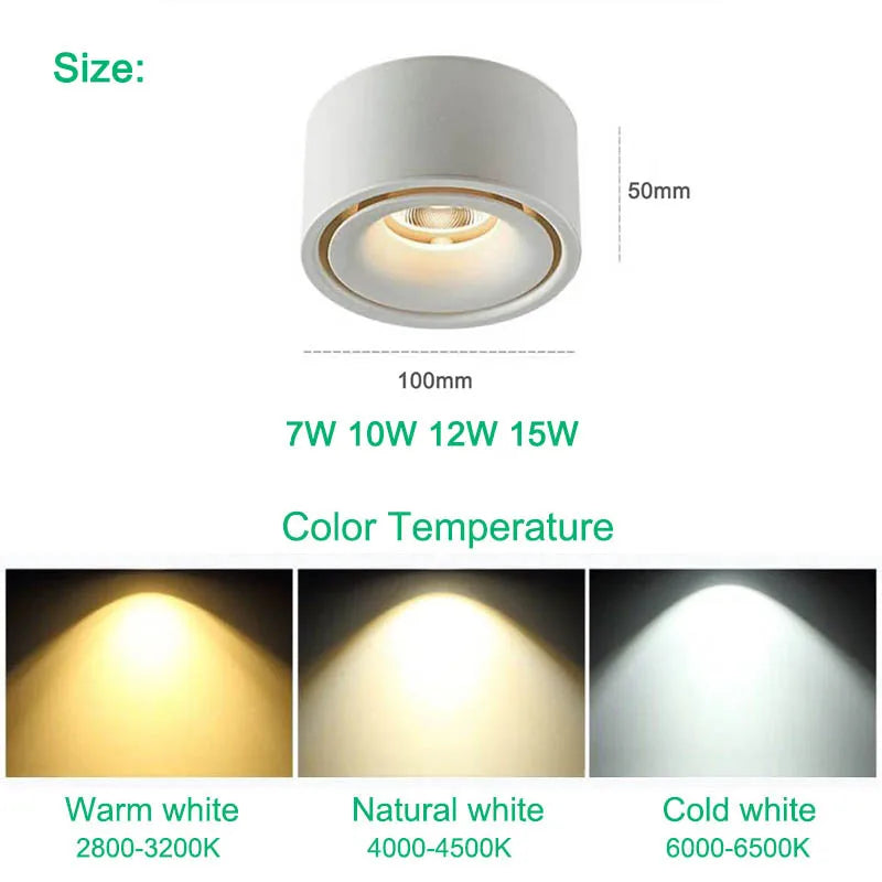 Plafonnier LED circulaire COB dimmable en aluminium, 7-15W, lumière chaude