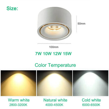 Plafonnier LED circulaire COB dimmable en aluminium, 7-15W, lumière chaude